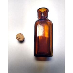 Antique Brown Poison Or Medicine Bottle Amber Glass Vintage Textured Base + Cork